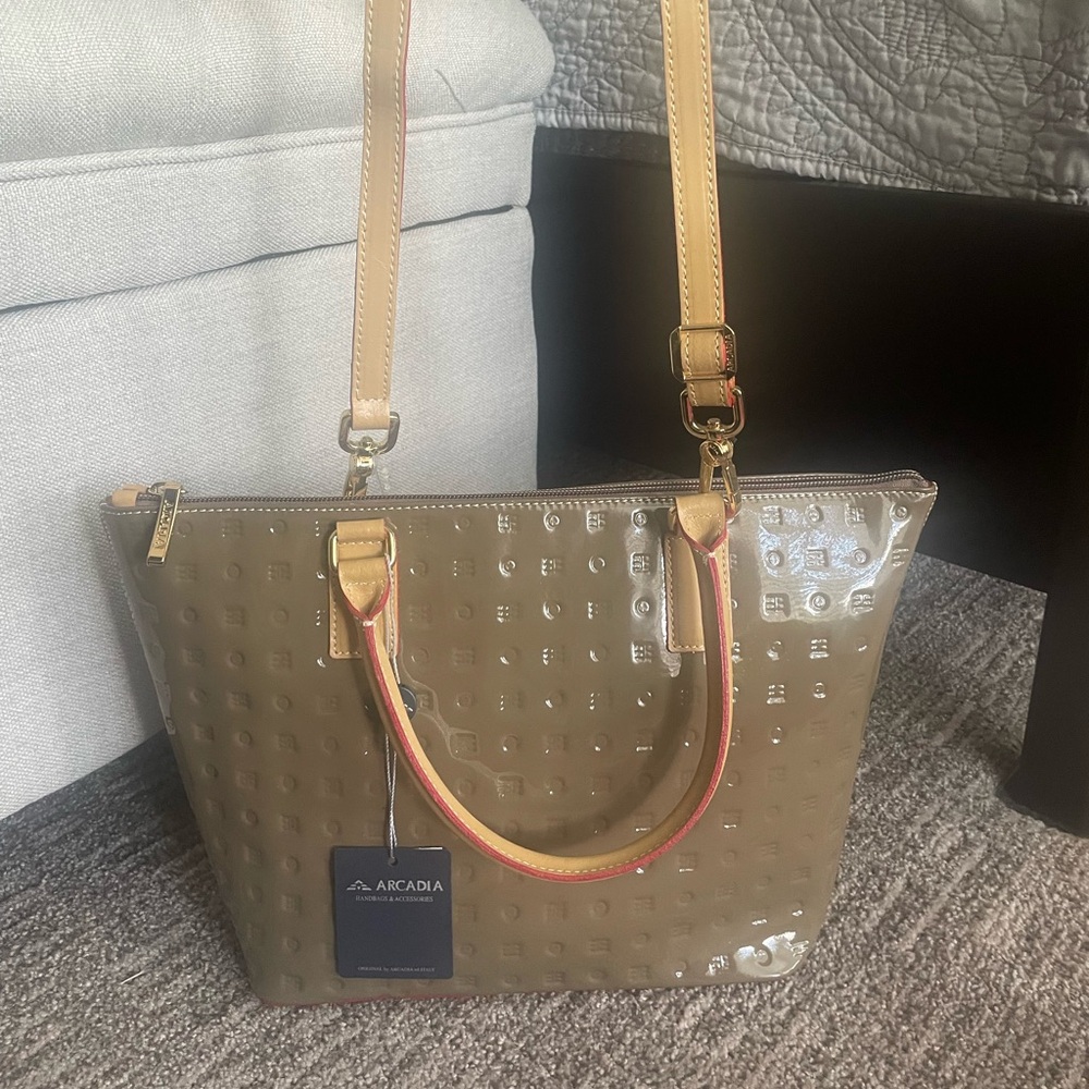 New Arcadia Taupe Patent Leather Tote Style Shoulder Bag with Tan Straps